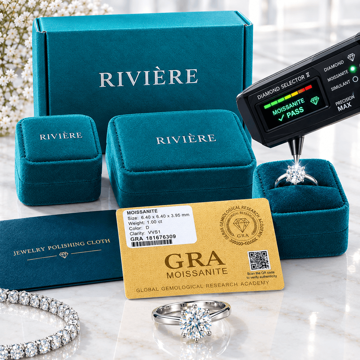 Anel Meia Aliança Moissanite 1.5ct Brilhante em Prata 925 Banhado a Ouro Branco - 5 Pedras Cor D VVS1 Certificada