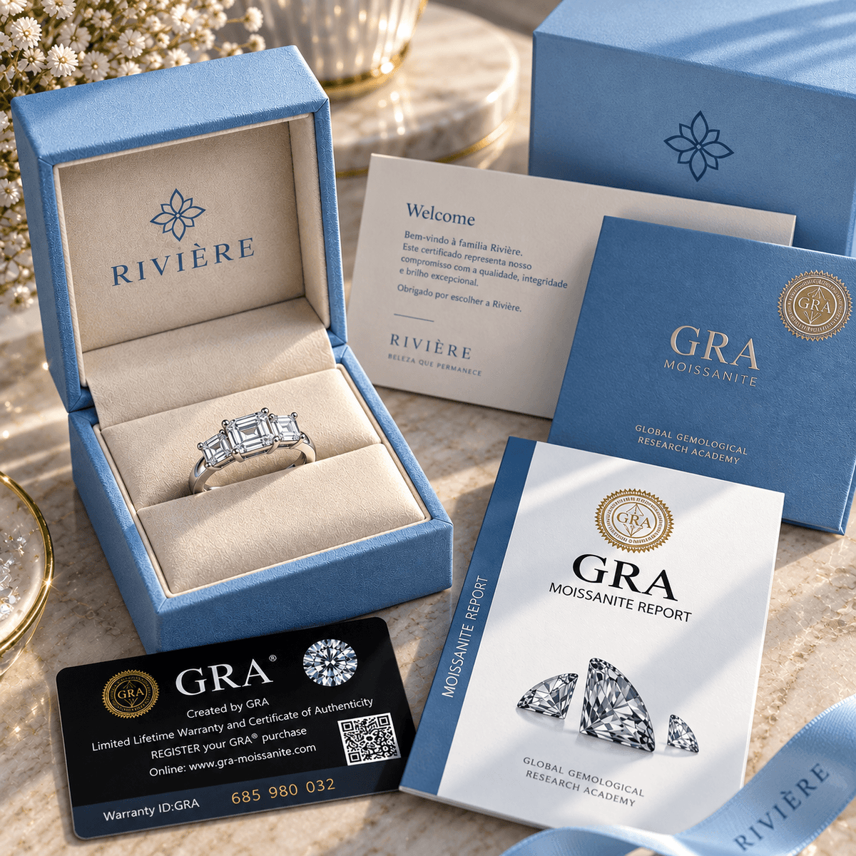 Anel Imperial Moissanite Esmeralda em Prata 925 Banhado a Ouro Branco VVS1 Certificado GRA