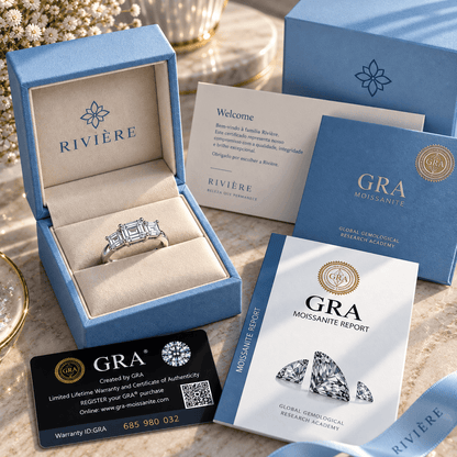 Anel Imperial Moissanite Esmeralda em Prata 925 Banhado a Ouro Branco VVS1 Certificado GRA