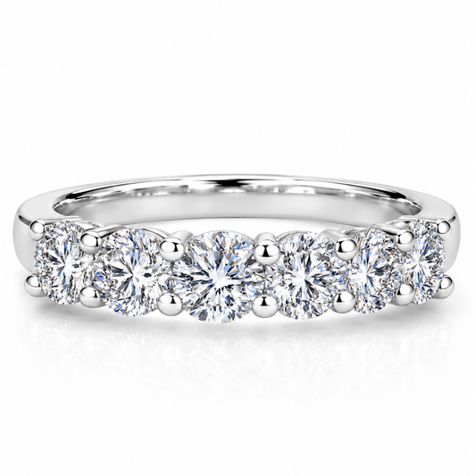 Anel Meia Aliança Moissanite 1.5ct Brilhante em Prata 925 Banhado a Ouro Branco - 5 Pedras Cor D VVS1 Certificada