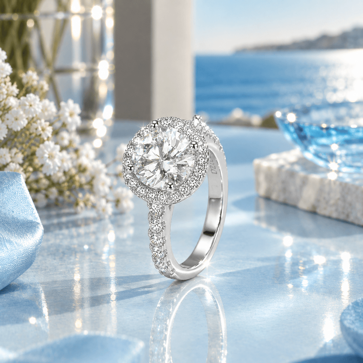 Anel Aurora Brilhante Moissanite Cravejado Prata 925 Banhado a Ouro Branco 18k VVS1 Certificada