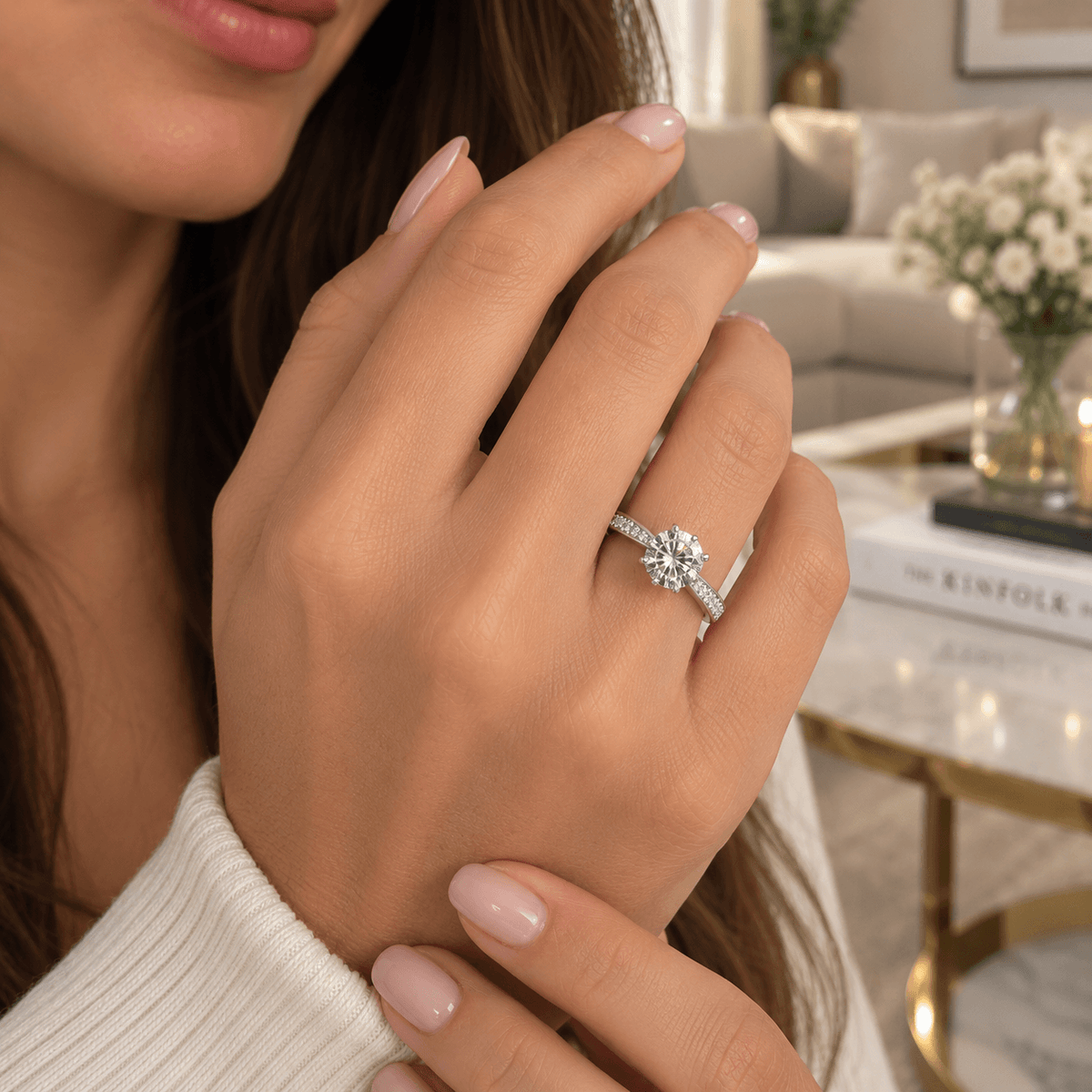 Anel Boreal Moissanite Cravejado Prata 925 Banhado a Ouro Branco VVS1 Certificada
