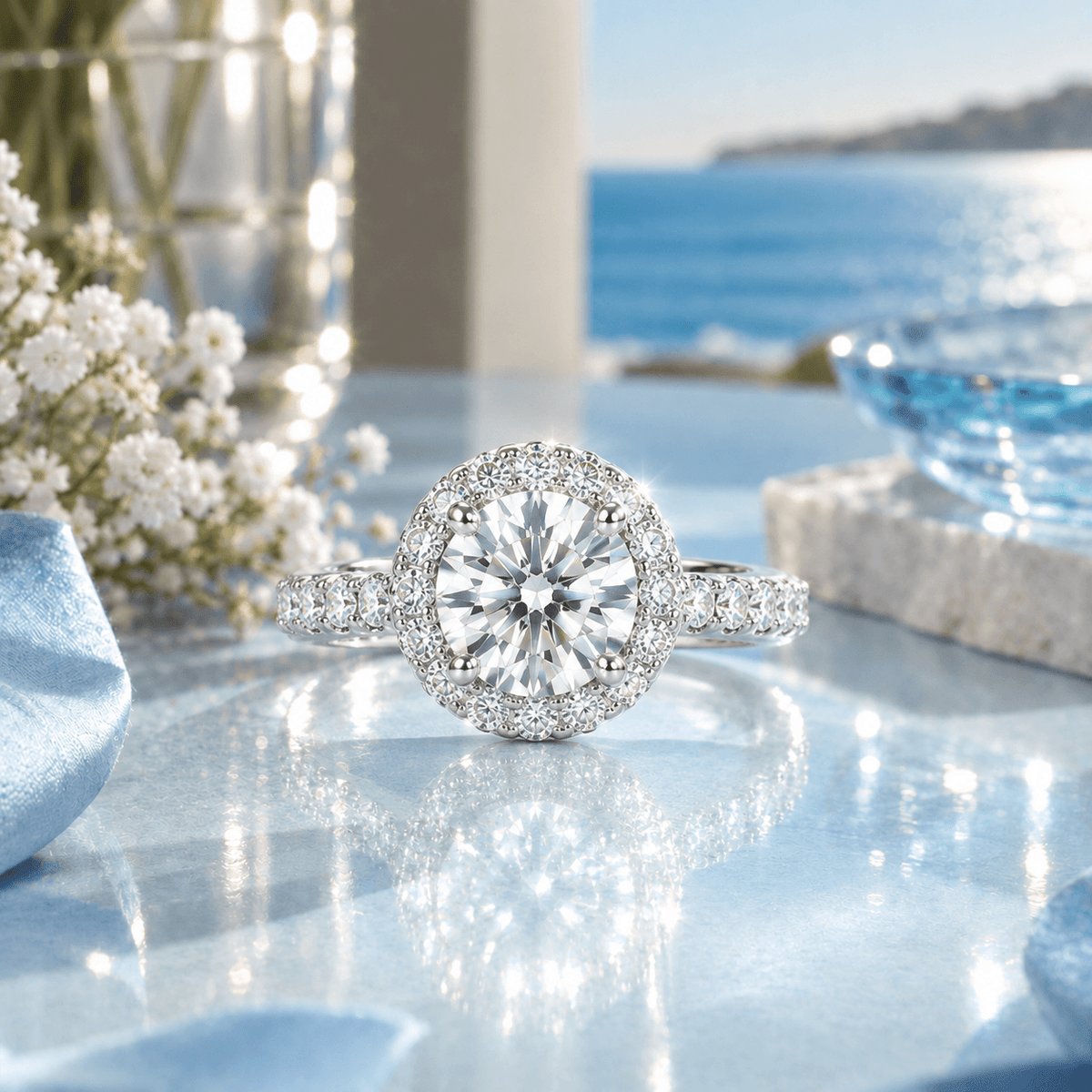 Anel Aurora Brilhante Moissanite Cravejado Prata 925 Banhado a Ouro Branco 18k VVS1 Certificada
