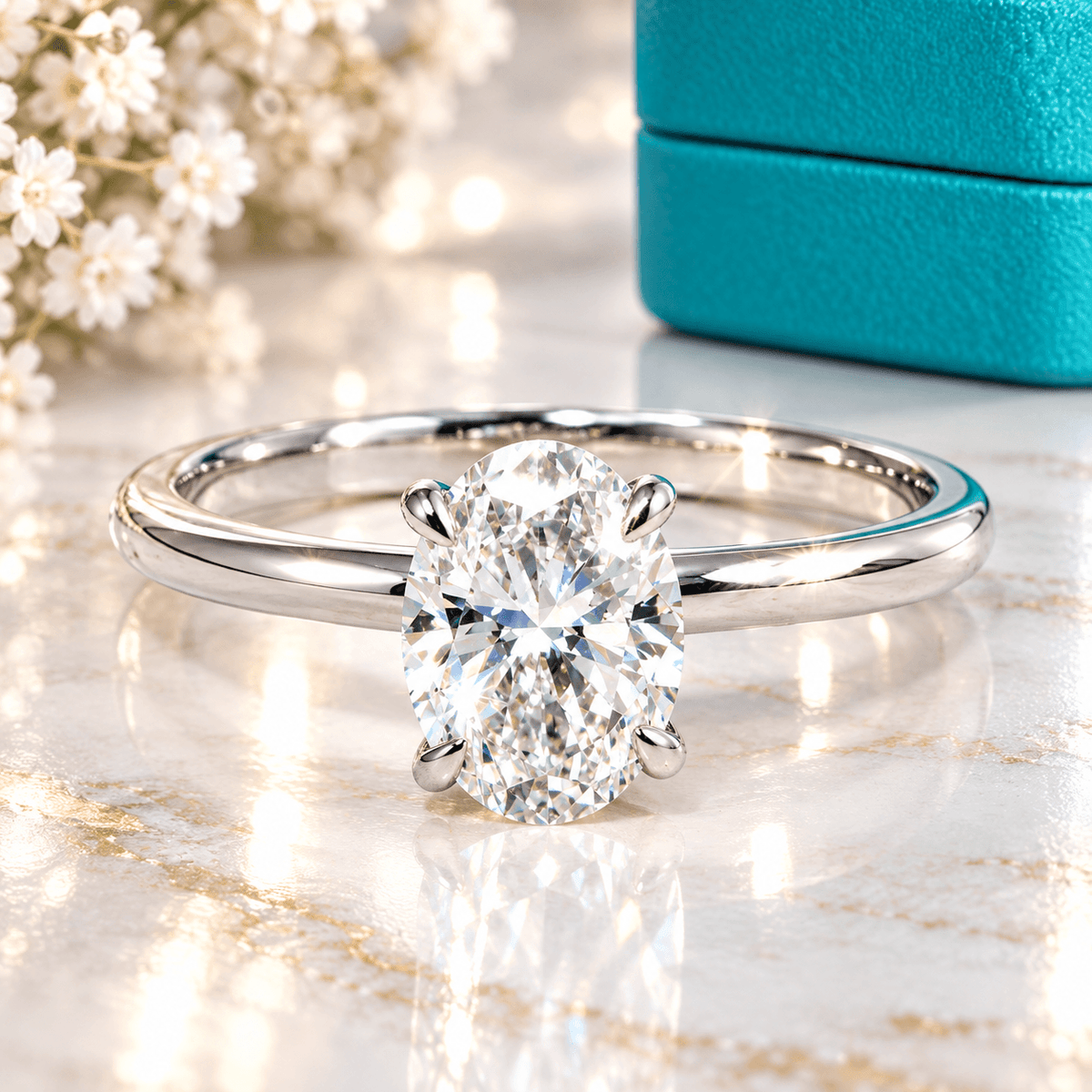 Anel Solitário Elegancy Moissanite Oval em Prata 925 com Banho de Ouro Branco 18k, VVS1 Certificada