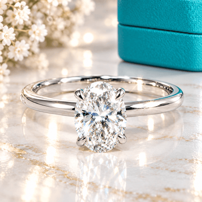 Anel Solitário Elegancy Moissanite Oval em Prata 925 com Banho de Ouro Branco 18k, VVS1 Certificada